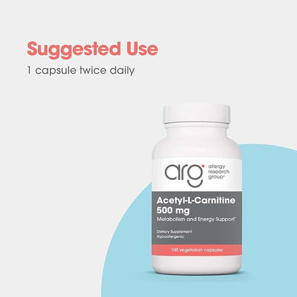 Allergy Research Group Acetyl-L-Carnitine 500mg Supplement - Metabolism and Energy Support, ALC, Free Form Amino Acid, Vegetarian Capsules - 100 Count