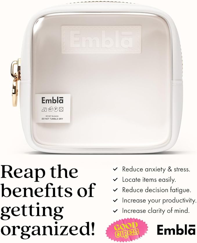 Embla Clear Cosmetic Bag Makeup Case, Clear Zipper Make Up Pouch and Toiletry Travel Tote, Cute Skincare Pouches for Women Girls, Preppy Purse Cosmetic Organizer, Mini Makeup Bags, White