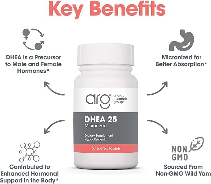 Allergy Research Group DHEA 25mg Supplement - Hormone Support for Men & Women, Micronized Lipid Matrix, Hypoallergenic, Soy-Free, Scored Tablets - 60 Count