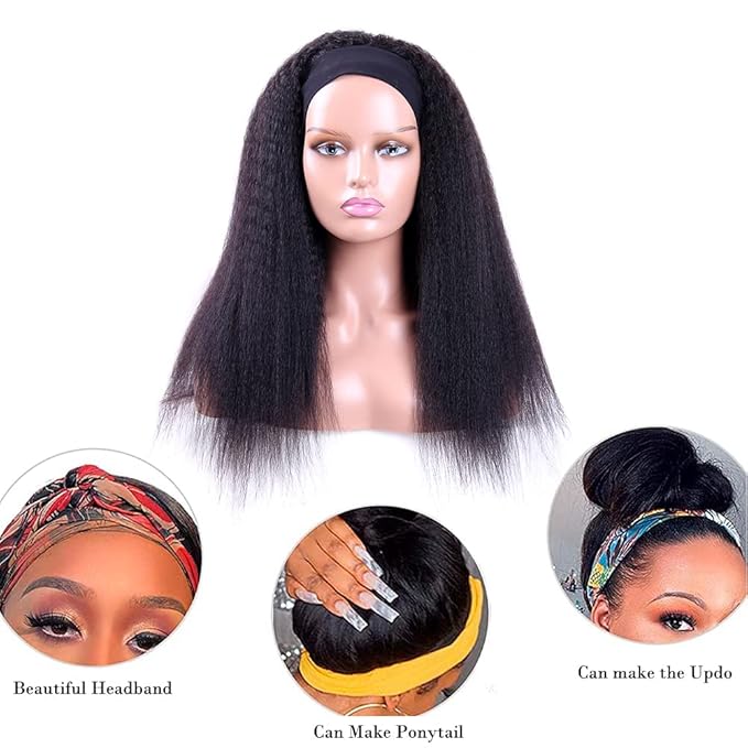 Headband Wigs Human Hair 180% Density 12A Kinky Straight Human Hair Headband Wigs For Black Women Yaki Straight Human Hair Wigs With Headband Attached Half Wig Natural Black Color 20 Inch