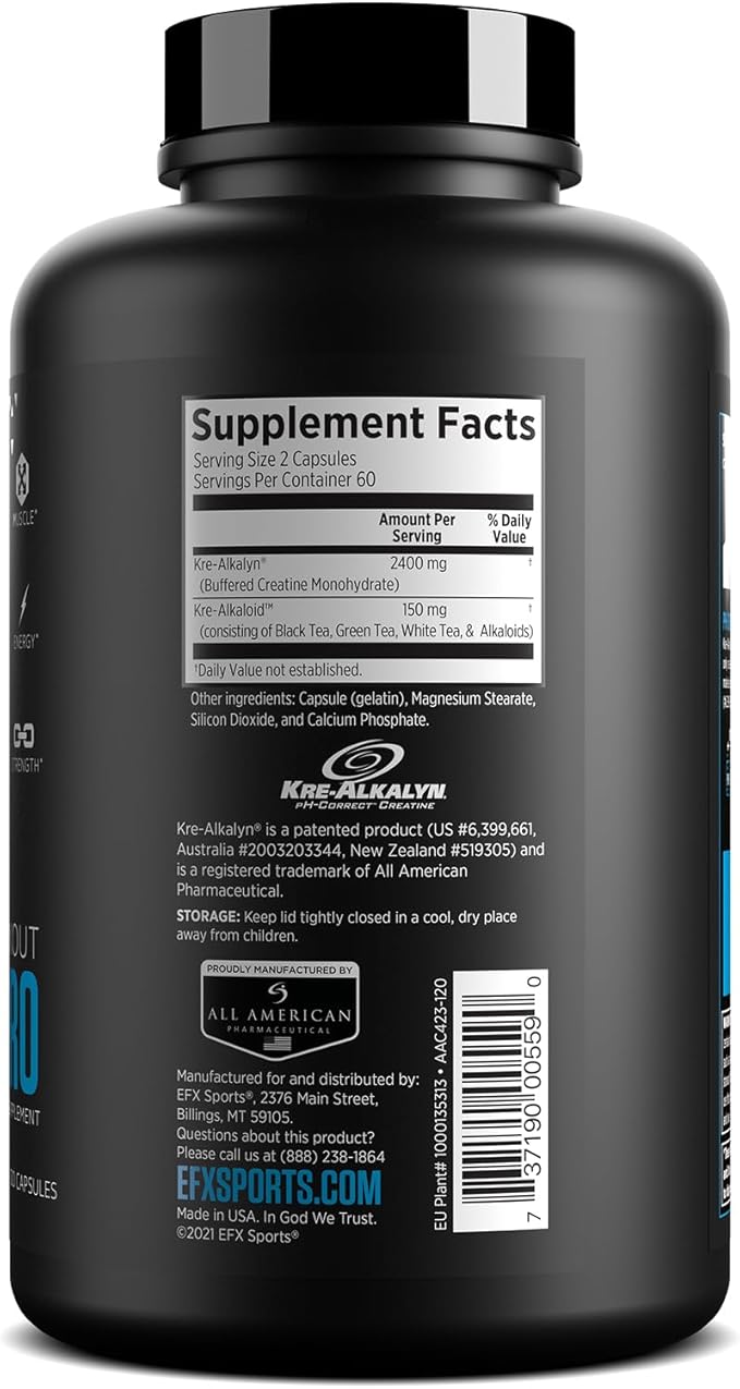 EFX Sports Kre-Alkalyn Pro | pH Correct Creatine Monohydrate Pill Supplement | Muscle Building Pre Workout for Men & Women