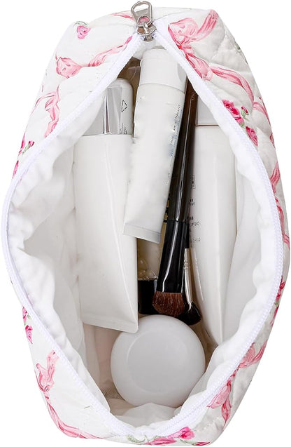 Quilted Cotton Makeup Bag Travel Cosmetic Bag for Women Girls, Zipper Make Up Pouch, Bow Pattern Toiletry Organizer Makeup, Portable Storage Bag (Large/Pink Bowknot)