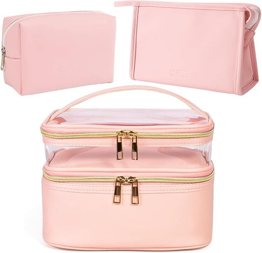 FITINI 3 Pieces Makeup Bags Double Layer Travel Large Cosmetic Cases Organizer Toiletry Bags Waterproof Small Zipper Pouch for Women Makeup Brush Storage Bag,Light Pink