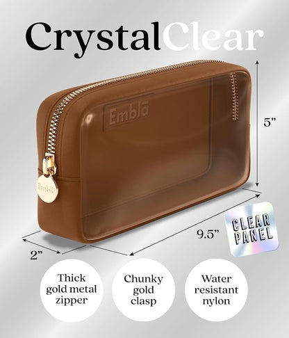 Embla Clear Cosmetic Bag Makeup Case, Clear Zipper Make Up Pouch and Toiletry Travel Tote, Cute Skincare Pouches for Women Girls, Preppy Purse Cosmetic Organizer, Small Makeup Bags, Chocolate