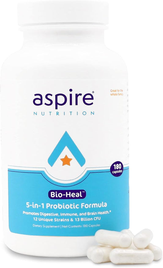 5-in-1 Bio-Heal® Probiotic for Kids, Men & Women - Best Supplement for Brain Function, Gut Health & Constipation - Shelf Stable & Fortified with Vitamin, Mineral & Prebiotics Capsules