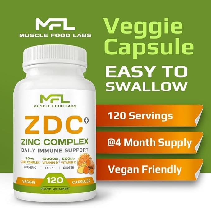 | Z D C Plus | Vitamin C, 500mg | Vitamin D3, | Zinc, | Turmeric | Ginger | Lysine | Non-GMO & Gluten Free | Veggie Caps | 120 Servings