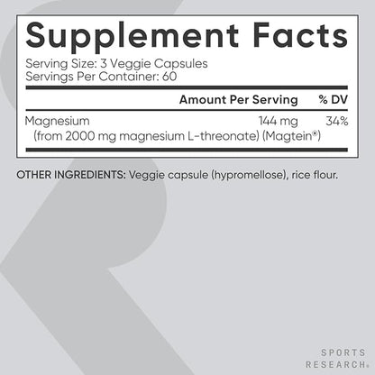 Sports Research Magtein Magnesium L-Threonate Capsules - Magnesium Supplement for Memory, Focus & Cognition - Magnesium L Threonate Supports Brain Health, Sleep & Mood- 2000mg, 180 Capsules for Adults