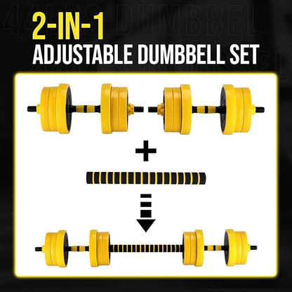 2-In-1 Adjustable Dumbbell Set, Dumbbell and Barbell Set, Yellow