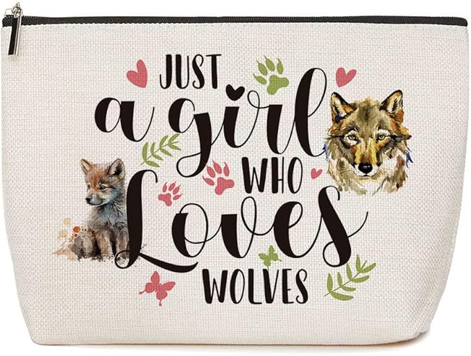 Wolf Gifts Just A Girl Who Loves Wolves Makeup Bag Wolf Lovers Gift Wolf Decor Bag Animal Lovers Gifts for Women Birthday Christmas Presents for Her Friends Sister BFF Besties