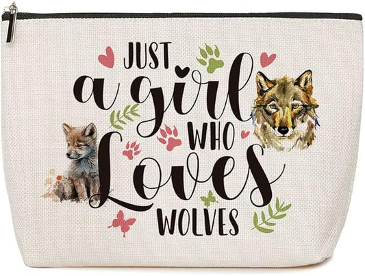 Wolf Gifts Just A Girl Who Loves Wolves Makeup Bag Wolf Lovers Gift Wolf Decor Bag Animal Lovers Gifts for Women Birthday Christmas Presents for Her Friends Sister BFF Besties