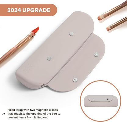 Travel Makeup Brush Holder，Silicone Makeup Brush Holder ，Portable Cosmetic Organiser with Two Upgraded Anti-fall Off Magnetic Clips ， foldable, large capacity -Khaki
