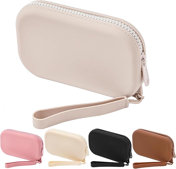 Portable Silicone Makeup Bag for Women, Small Travel Waterproof Toiletry Cosmetic Bag, Zipper Closure Organizer Makeup Case with Handle (Light Grey)