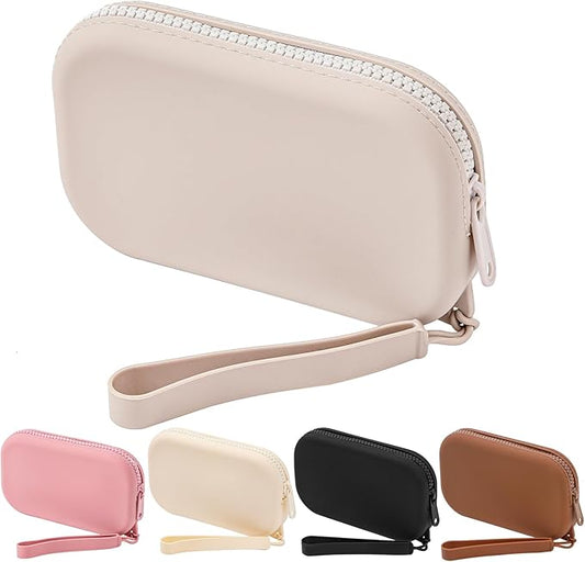 Portable Silicone Makeup Bag for Women, Small Travel Waterproof Toiletry Cosmetic Bag, Zipper Closure Organizer Makeup Case with Handle (Light Grey)