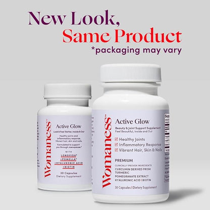 Womaness Active Glow Hair Skin and Nails Vitamins - Biotin, Longvida Curcumin & Hyaluronic Acid Supplements for Joint Health, Dry Skin & Thinning Hair (30 Capsules)