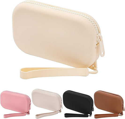 Portable Silicone Makeup Bag for Women, Small Travel Waterproof Toiletry Cosmetic Bag, Zipper Closure Organizer Makeup Case with Handle (Milky White)