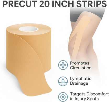 Kinesiology Tape Knees Pre-Cut 20 Inch, Muscle Tape, Athletic Tape for Injuries, Waterproof Roll, Sports Tape for Pain Relief, Physical Therapy Kinetic Tape for Knee, Shoulder, Back, Ankle, Foot