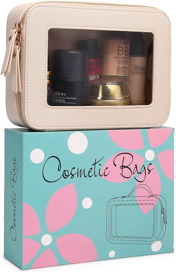 Clear Makeup Bag Transparent Travel Case for Cosmetics and Toiletries Women's Brush Bag and Clear Car Bag with Zipper (Beige, M+)