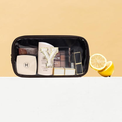 Preppy Makeup Bag,Personalized Initial Makeup Bags with Zipper, Clear Makeup Bag Small Cosmetic Bags,Nylon Travel Toiletry Bag Travel Essentials,Birthday Gift For Men Preppy Things For Boys(Coffee, Y)