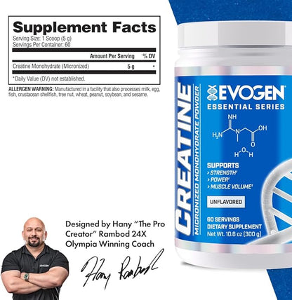 Evogen Creatine Monohydrate | Micronized Creatine Monohydrate for Strength, Power, Muscle Volume, & Enhanced Recovery | Unflavored | 60 Servings