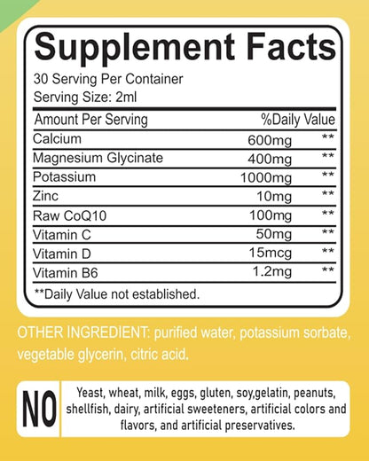 Calcium Magnesium Potassium Supplement Liquid,400mg Magnesium Glycinate,600mg Calcium Magnesium Drop Supplement with Vitamin D and Zinc (60ml/Lemon Flavor)
