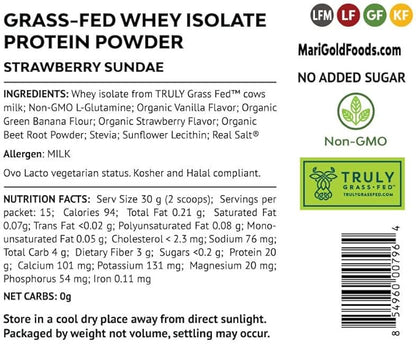 MariGold Grass-fed Whey Protein Isolate Powder - Strawberry Sundae Flavor - 1 Lb Bag | 100% Pure, Cold-Processed, Micro-Filtered, Undenatured, Non-GMO, rBGH Free, Soy Free, Gluten Free, Lactose Free