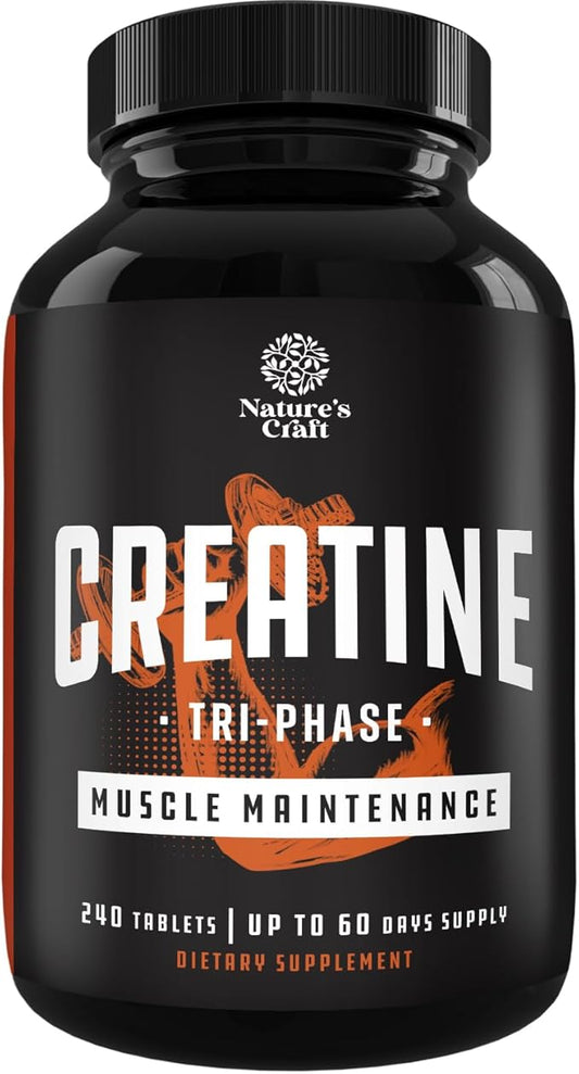 High Strength Tri Phase Creatine Pills - Muscle Mass Gainer and Muscle Recovery Creatine HCL Pyruvate and Creatine Monohydrate Pills-Optimal Muscle Builder Creatine Supplement for Men and Women-240ct