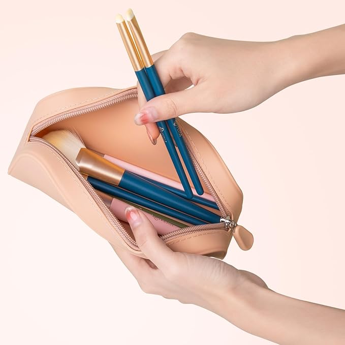 Silicone Makeup Brush Holder Travel Cosmetic Bag, Portable Cosmetic Face Brushes Holder with Zipper, Large Travel Makeup Brush Case