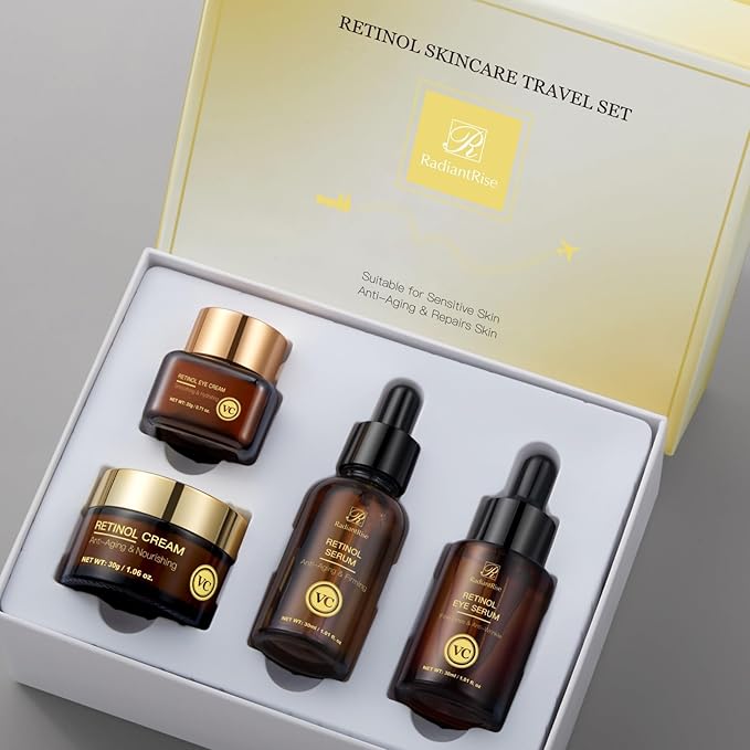 Retinol Skincare Travel Kit - Mini Facial Care Set,Travel Skincare Set with Essence, Cream & Eye Treatment | Hydrating Age-Defying Routine, Vacation-Ready Skincare Gifts