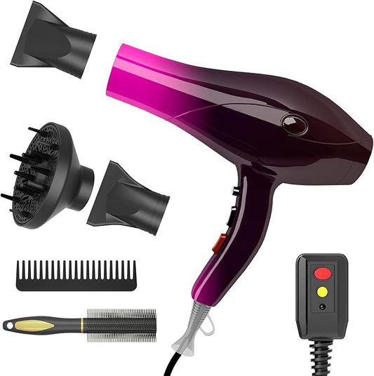 Ionic Hair Dryer,2400W Negative Ion Low Noise Hair Dryer Professional Fast Drying Hair Dryer with 2 Speeds, 3 Heat Settings, Cooling Button,with Diffuser for Curly and Straight Hair（Crimson Fade）