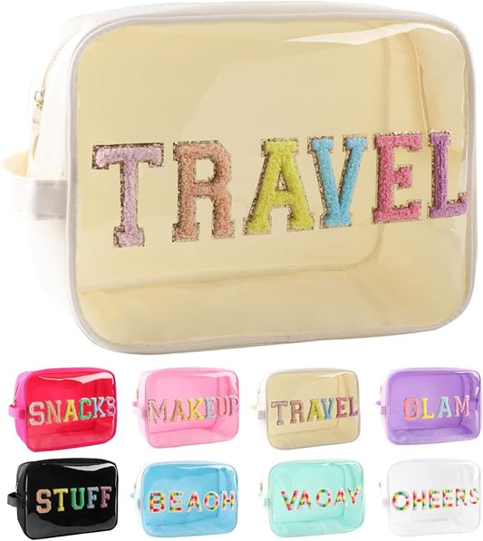 Clear Makeup Bag Large Chenille TRAVEL Pouch Preppy Clear Toiletry Bag TPU and Nylon Cosmetic Travel Bag for Women (Beige-Travel)