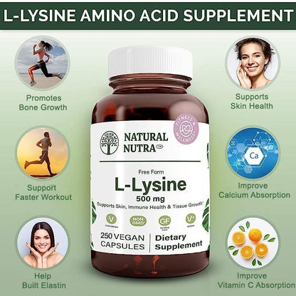 Natural Nutra L Lysine HCl, Promotes Bone Health and Growth, Improve Calcium Absorption, Non-GMO, Vegan, 500 mg, 250 Capsules.