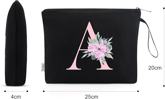 Vavabox A-Z Personalized Makeup Bag, Birthday Gifts for Women Mom, Gifts for Best Friend, Bride Bridesmaid Cosmetic bag (A, Black)