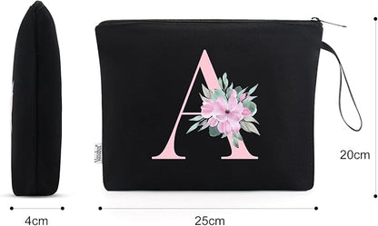 Vavabox A-Z Personalized Makeup Bag, Birthday Gifts for Women Mom, Gifts for Best Friend, Bride Bridesmaid Cosmetic bag (A, Black)