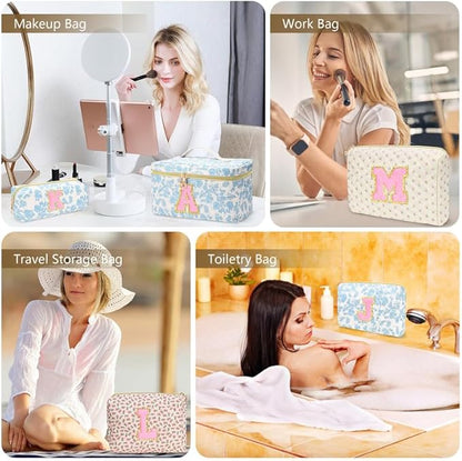 3 PCS Travel Makeup Bag Set, A-Z Initials Cotton Make up Bag Floral Quilted Cosmetic Bag for Girls and Women, Personalized Cute Toiletry Bag Travel Accessories Brushes Bag Blue - B