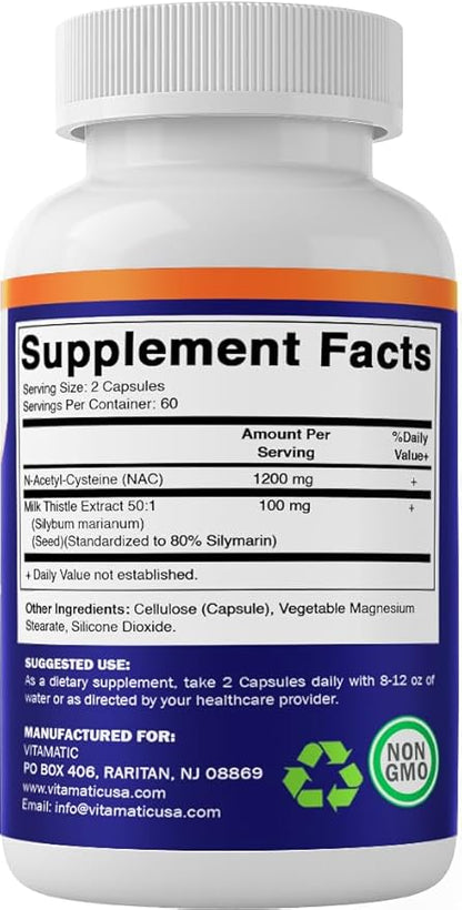Vitamatic NAC Supplement N-Acetyl-L-Cysteine (NAC) with Milk Thistle 50:1 Extract - Supports Immune, Respiratory, Liver Health, 1200 mg per Serving, 120 Veg Capsules