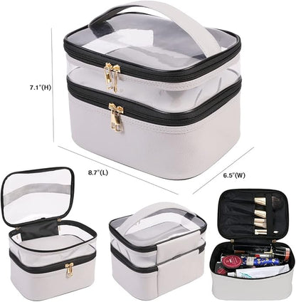 FITINI 3 Pieces Makeup Bags Double Layer Travel Large Cosmetic Cases Organizer Toiletry Bags Waterproof Small Zipper Pouch for Women Makeup Brush Storage Bag,Gray