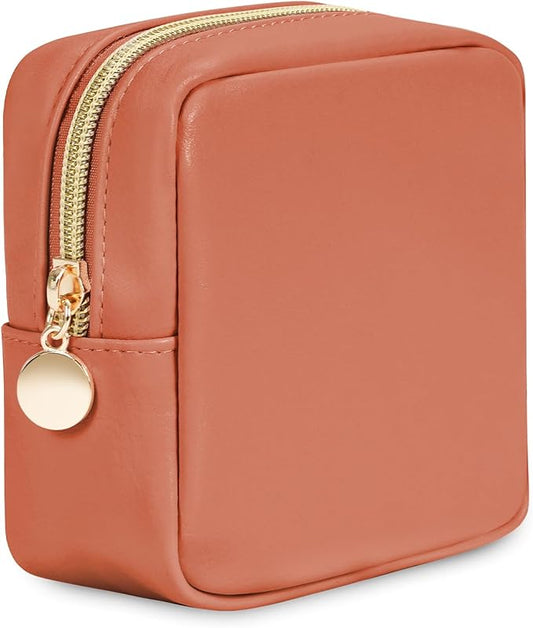 Wandering Nature Small Makeup Bag for Purse Mini Make up Pouch Cute Cosmetic Pouch for Women with Slip-in Pockets Vegan Leather, Orange