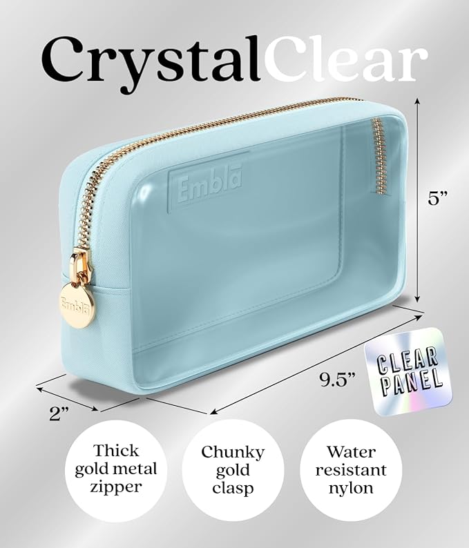 Embla Clear Cosmetic Bag Makeup Case, Clear Zipper Make Up Pouch and Toiletry Travel Tote, Cute Skincare Pouches for Women Girls, Preppy Purse Cosmetic Organizer, Small Makeup Bags, Sky Blue