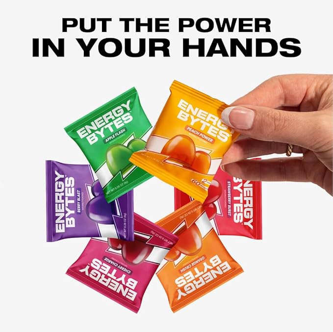 Energy Bytes Caffeine Gummies | Instant Energy Chews for Running, Cycling and Sports Performance | Vegan, Low Sugar | Variety Pack (12-Pack)