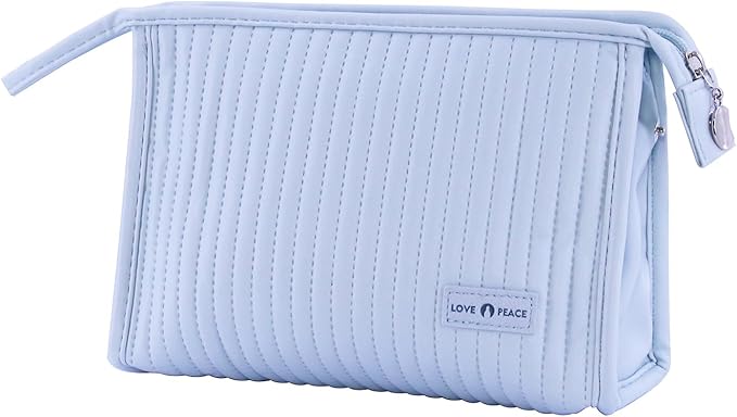 Small Makeup Bag Simple Cosmetic Pouch, Water Resistant PU Striped Leather Portable Travel Toiletry Bag with Handle for Women and Girls (Light Blue)