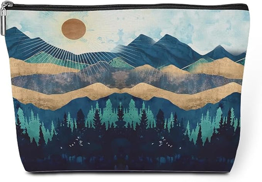 jeilink Watercolor Makeup Bag Mountain Sunshine Print -Blue Funny Christmas Birthday Gifts for Women Girl Daughter Best Friend Bestie Sister Coworker Grandma Mom Cosmetic Bag Travel Toiletry Bag