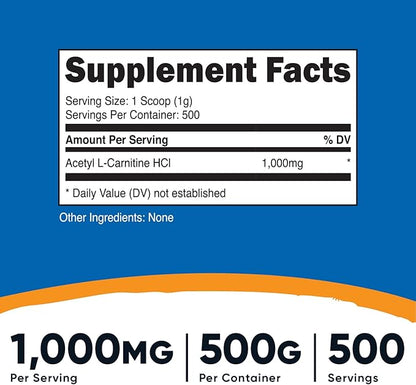 Nutricost Acetyl L-Carnitine (ALCAR) 500 Grams - 1000mg Per Serving - Pure Acetyl L-Carnitine Powder