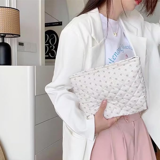 Cosmetic Bags for Women Makeup Bag Large Capacity Purse Travel Toiletry Zipper Storage Pouch Make up Brushes Organizer for Gifts (White, mini flowers)