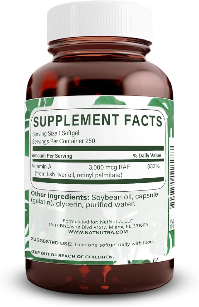 Natural Nutra Vitamin A 10,000 IU Softgels – High Potency Eye and Skin Vitamins – Gluten-Free Vitamin A Supplement for Sight & Skin Health – Fish Liver Oil for Men and Women, Gluten Free 250 Softgels