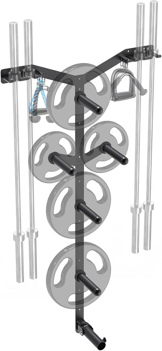 Wall Mounted Weight Plate Rack, Heavy Duty Olympic Barbell Holder & T Bar Row Landmine Attachment, 6 Hook Holes, 5 Pegs & 4 Barbell Storage, Space-Saving Home Gym Organizer