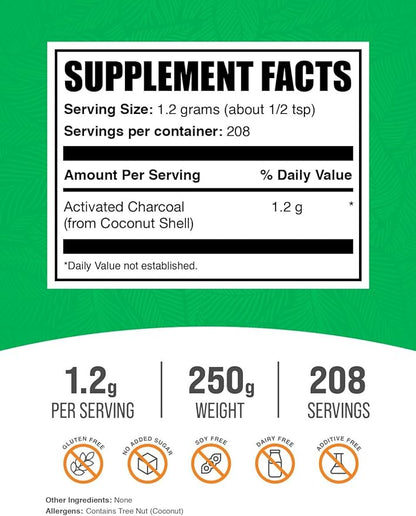 BulkSupplements.com Activated Charcoal Powder - from Coconut Charcoal, Charcoal Powder for Teeth Whitening - Vegan & Gluten Free - 1200mg per Serving, 250g (8.8 oz) (Pack of 1)