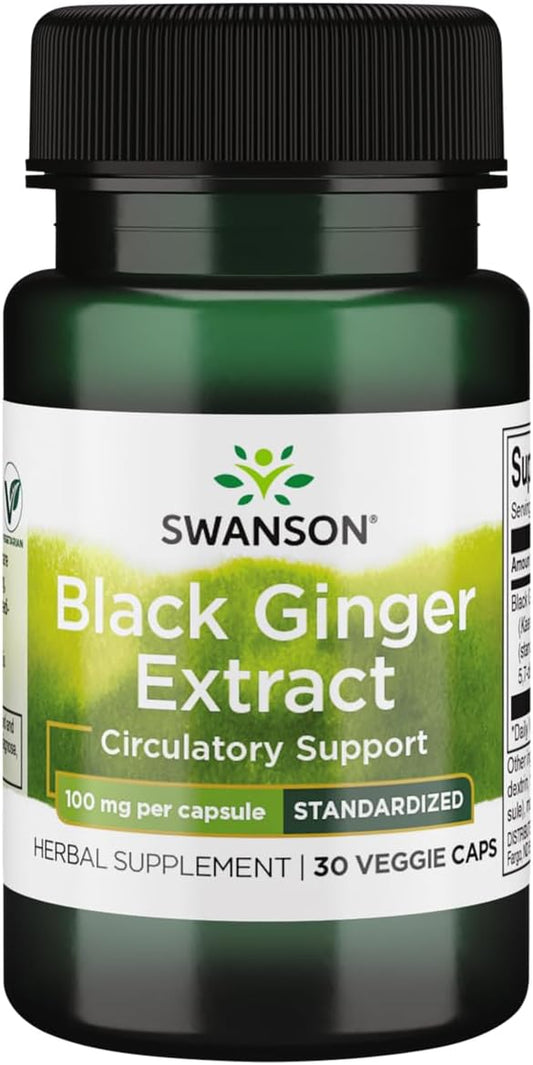 Swanson Black Ginger Extract - Promotes Healthy Blood Circulation and Physical Vigor - May Aid Heart Health, Muscle Tissue, and Mental Wellbeing - (30 Veggie Capsules, 100mg Each) 1 Pack