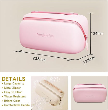 Travel Makeup Bag, Large Capacity Waterproof Cosmetic Bag for Women, Portable Pouch Open Flat Toiletry Bag Make up Organizer with Divider and Handle, Pink