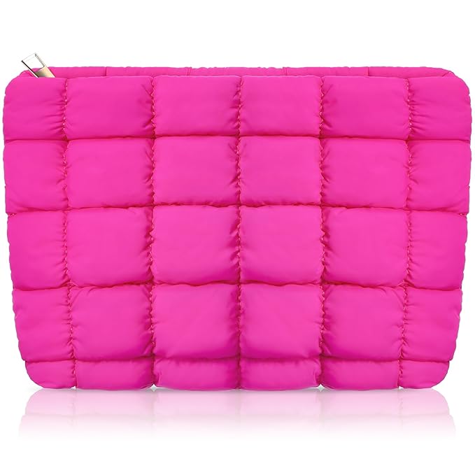 Hillban Puffy Quilted Makeup Bag Quilted Cosmetic Bag Cute Puffer Toiletry Checkered Pouch Aesthetic Travel Makeup Brushes Organizer(Rose Red,Classic)
