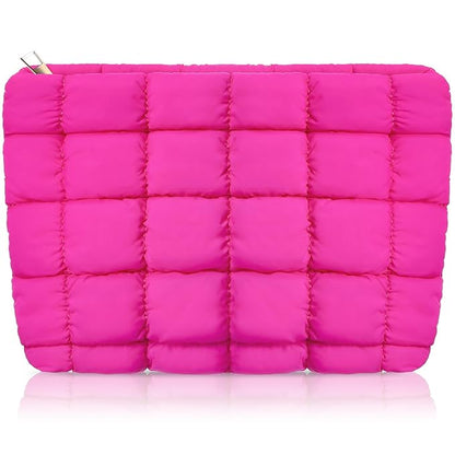 Hillban Puffy Quilted Makeup Bag Quilted Cosmetic Bag Cute Puffer Toiletry Checkered Pouch Aesthetic Travel Makeup Brushes Organizer(Rose Red,Classic)